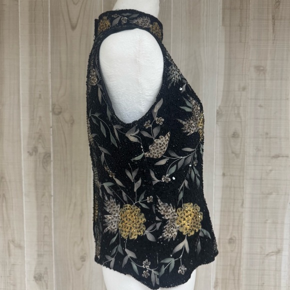 90’s J KARA Beaded Flower High Neck Top Black Elegant Evening Chic Sleeveless L - Picture 3 of 14
